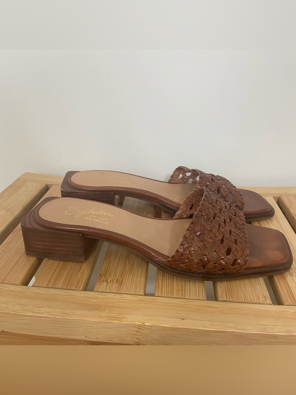 Seychelles Woven Leather Slide Sandals Brown Block Heel Size 8